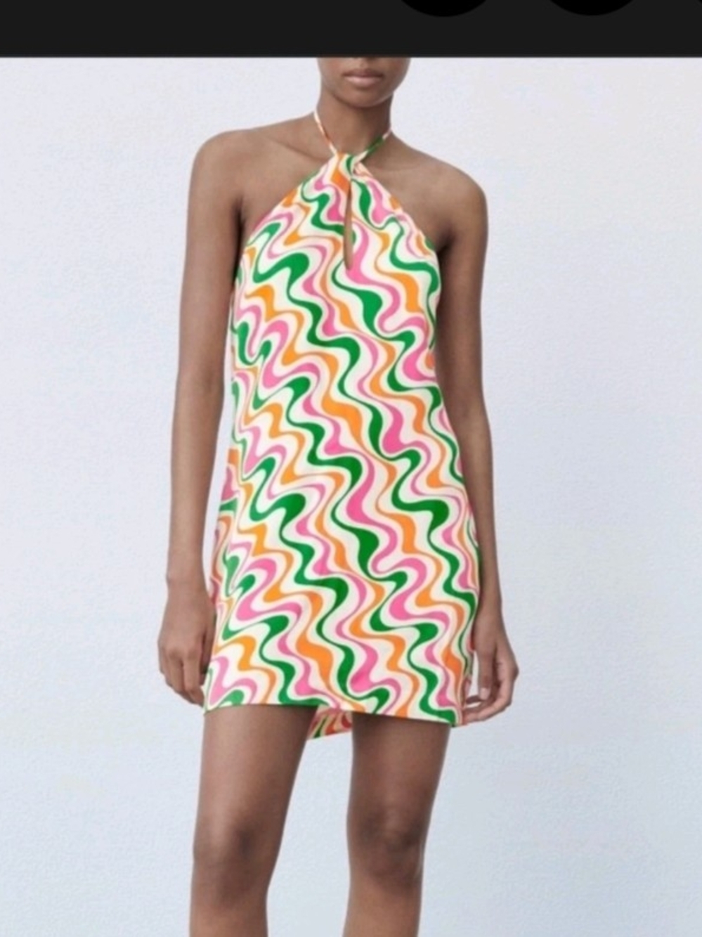 Zara Pink Green Orange Wave Halter Mini Dress